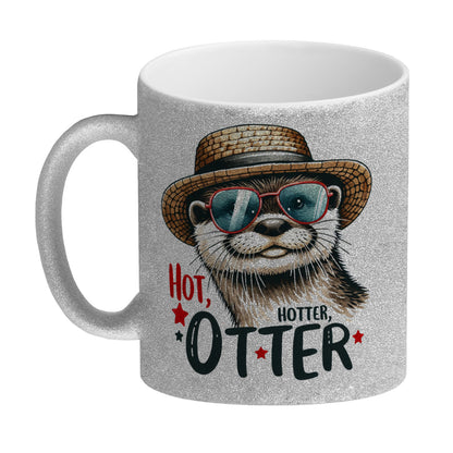 Otter mit Sonnenbrille und Strohhut Glitzer-Kaffeebecher mit Spruch Hot Hotter Otter