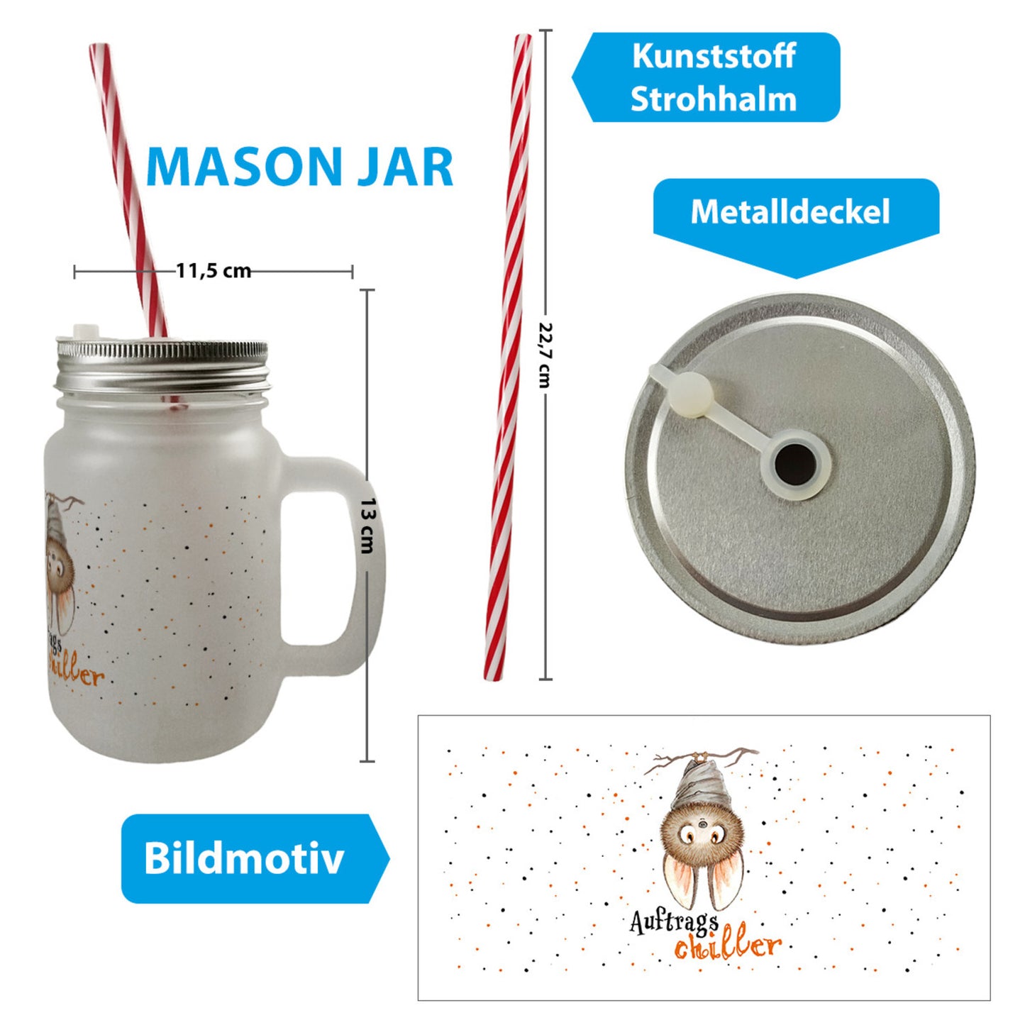 Auftragschiller Mason Jar Henkel Trinkglas mit Deckel mit Fledermaus