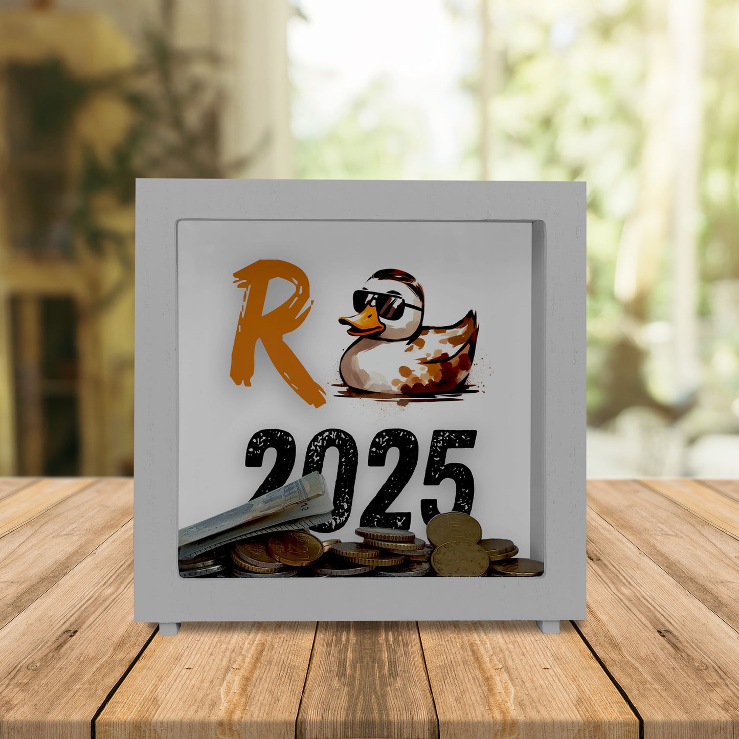 Ente mit Sonnenbrille Rahmen Spardose aus Holz mit Spruch Rente 2025