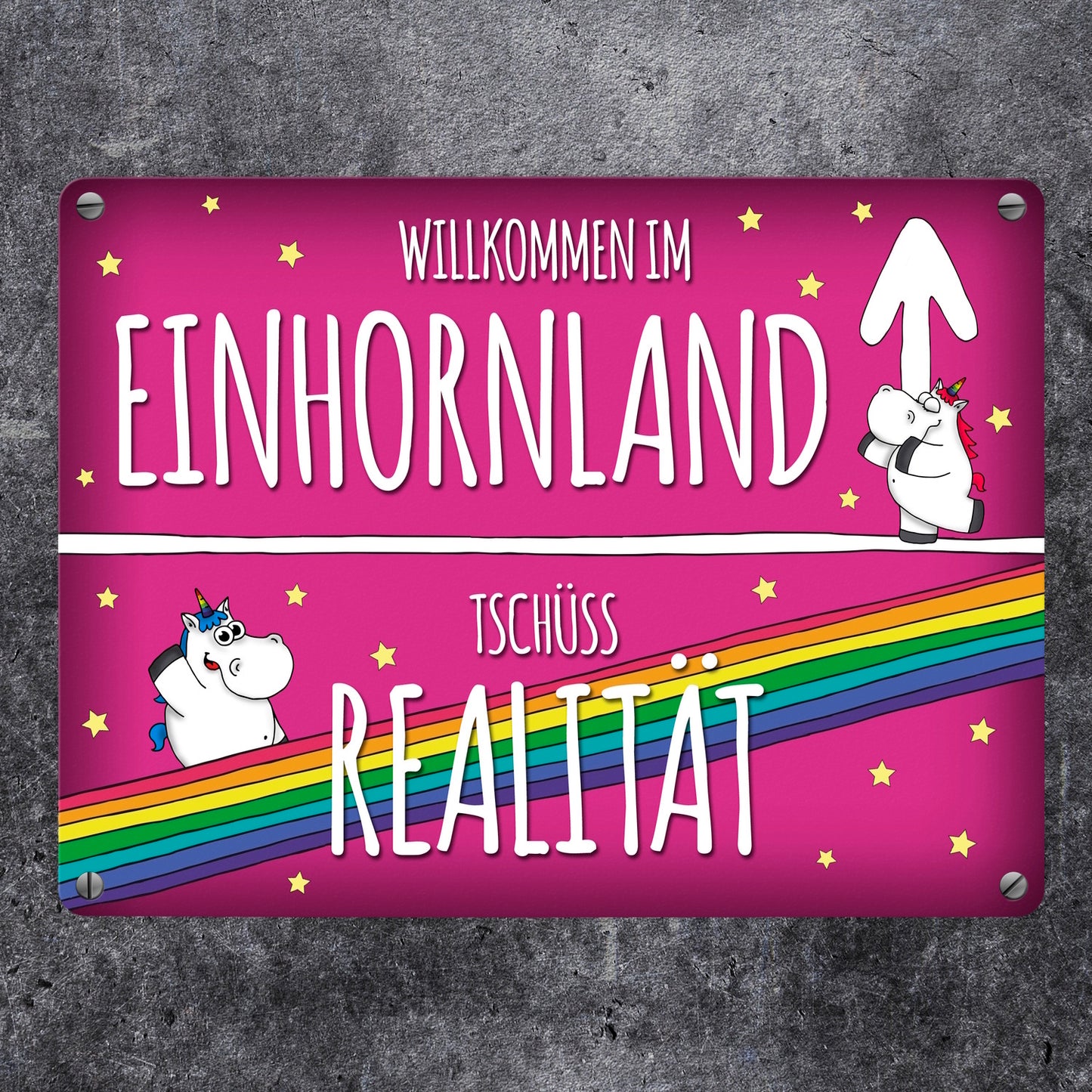 Honeycorns Metallschild mit Einhorn Stadtschild Motiv und Spruch: Willkommen im Einhornland