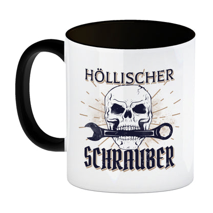 Höllischer Schrauber Kaffeebecher Schwarz mit Totenkopf und Schraubenschlüssel Motiv