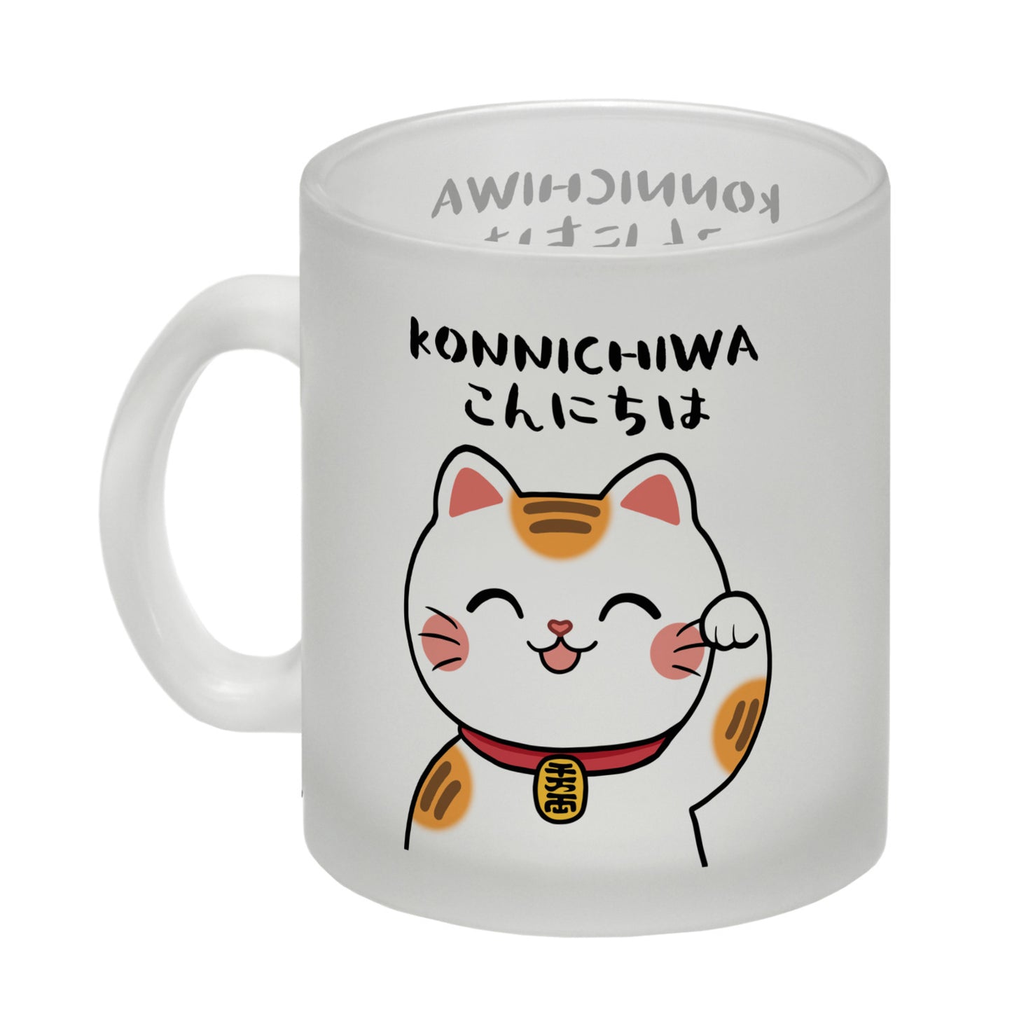 Winkekatze Glas Tasse mit Spruch Konnichiwa