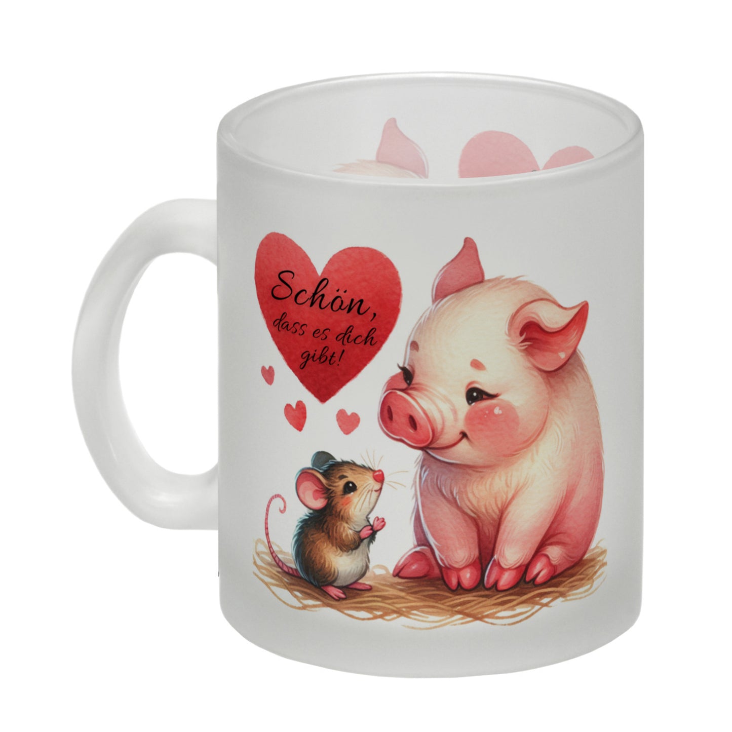 Schwein mit Maus und Herz Glas Tasse mit Spruch Schön dass es dich gibt