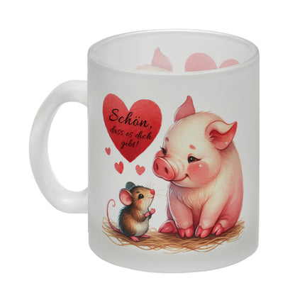 Schwein mit Maus und Herz Glas Tasse mit Spruch Schön dass es dich gibt