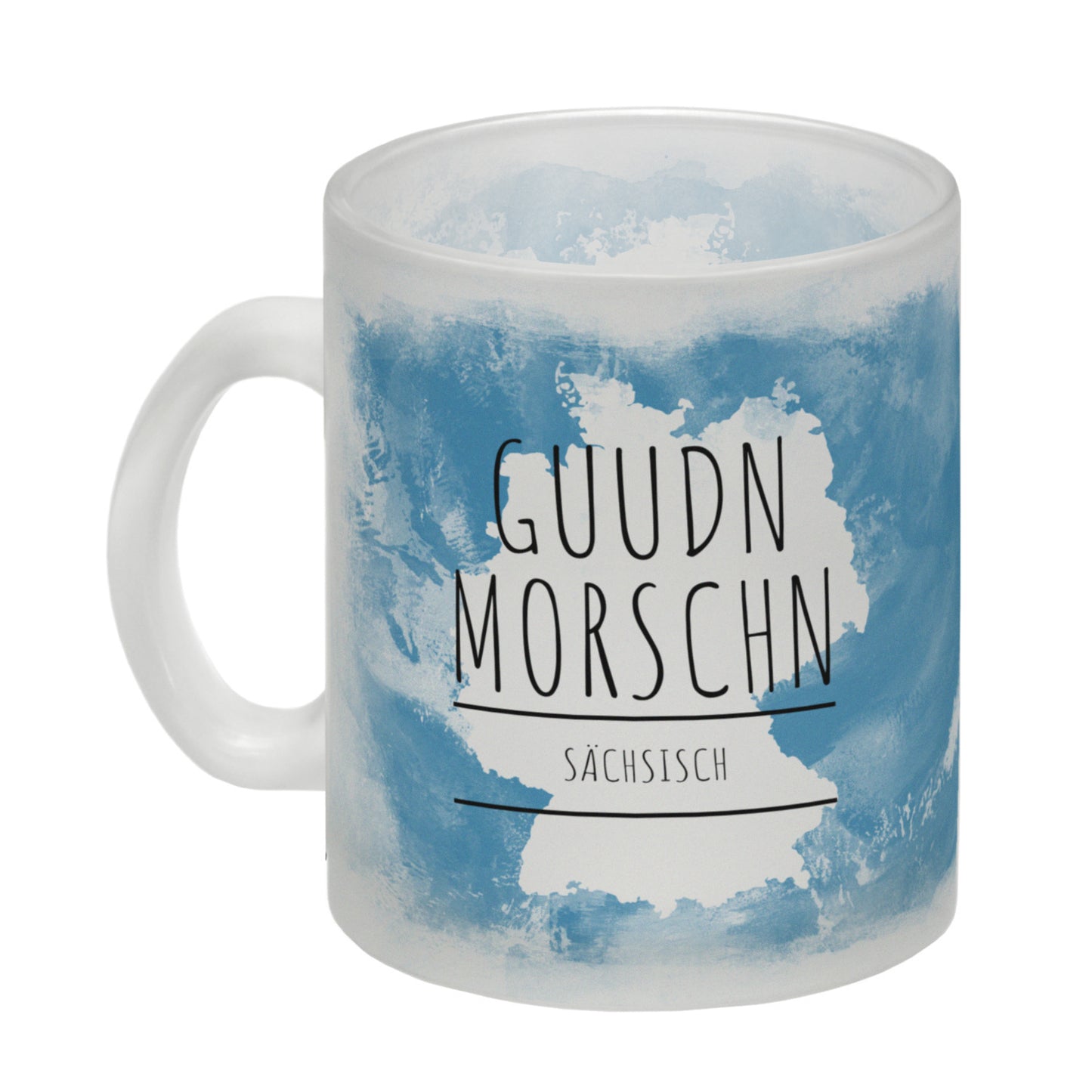 Hallo auf Sächsisch Guudn Morschen lustiger Glas Tasse mit blauem Hintergrund