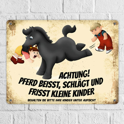 Metallschild XL mit schwarzes Pferd Motiv und Spruch: Achtung! Pferd beisst, schlägt ...