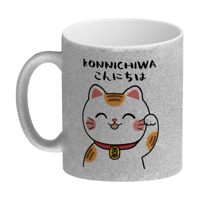 Winkekatze Glitzer-Kaffeebecher mit Spruch Konnichiwa