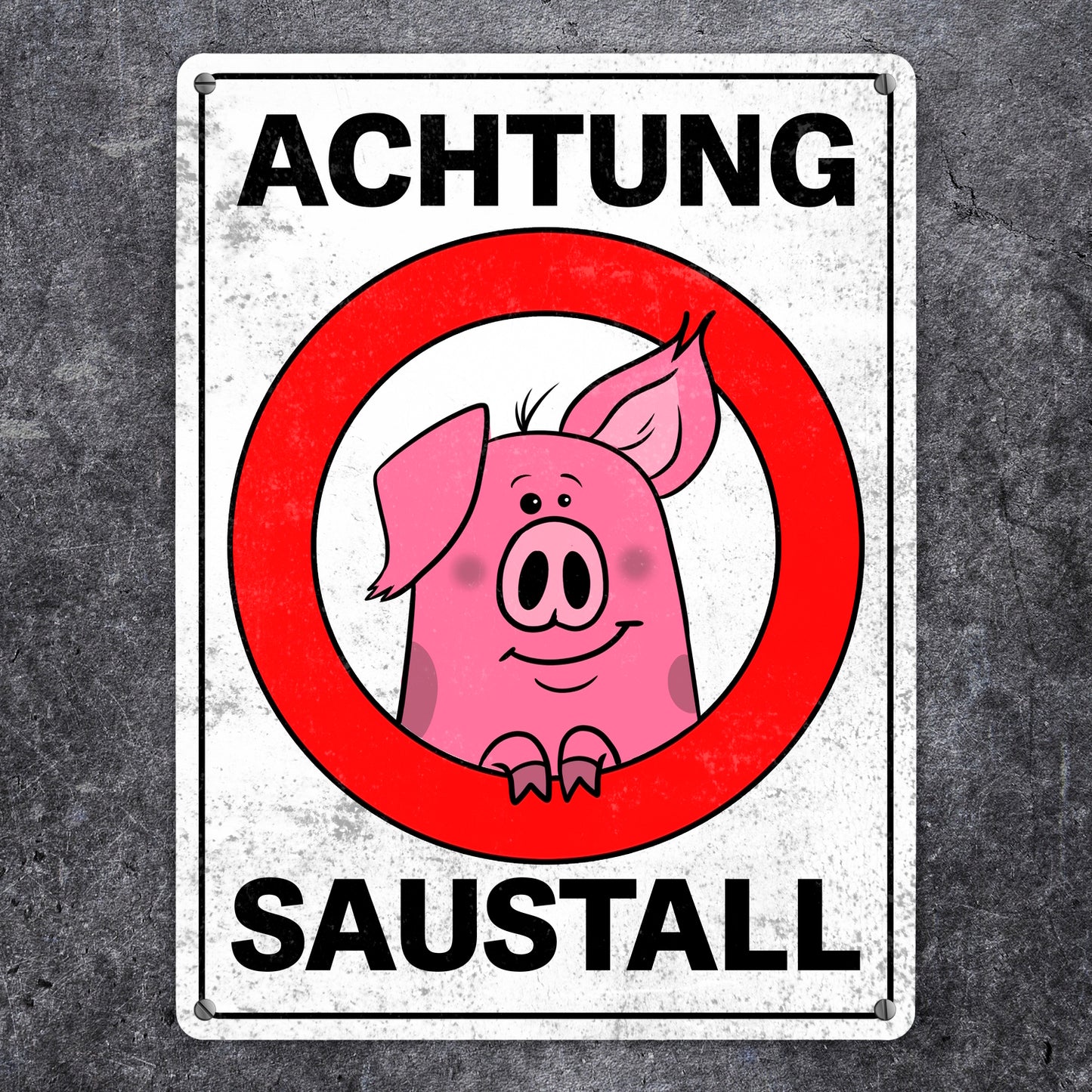 Achtung Saustall Metallschild XL in 21x28 cm mit lustigem Comic-Schwein in einem Warnkreis