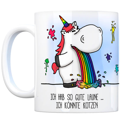 Honeycorns Kaffeebecher mit Einhorn Kotze Motiv und Spruch: Ich habe so Gute Laune