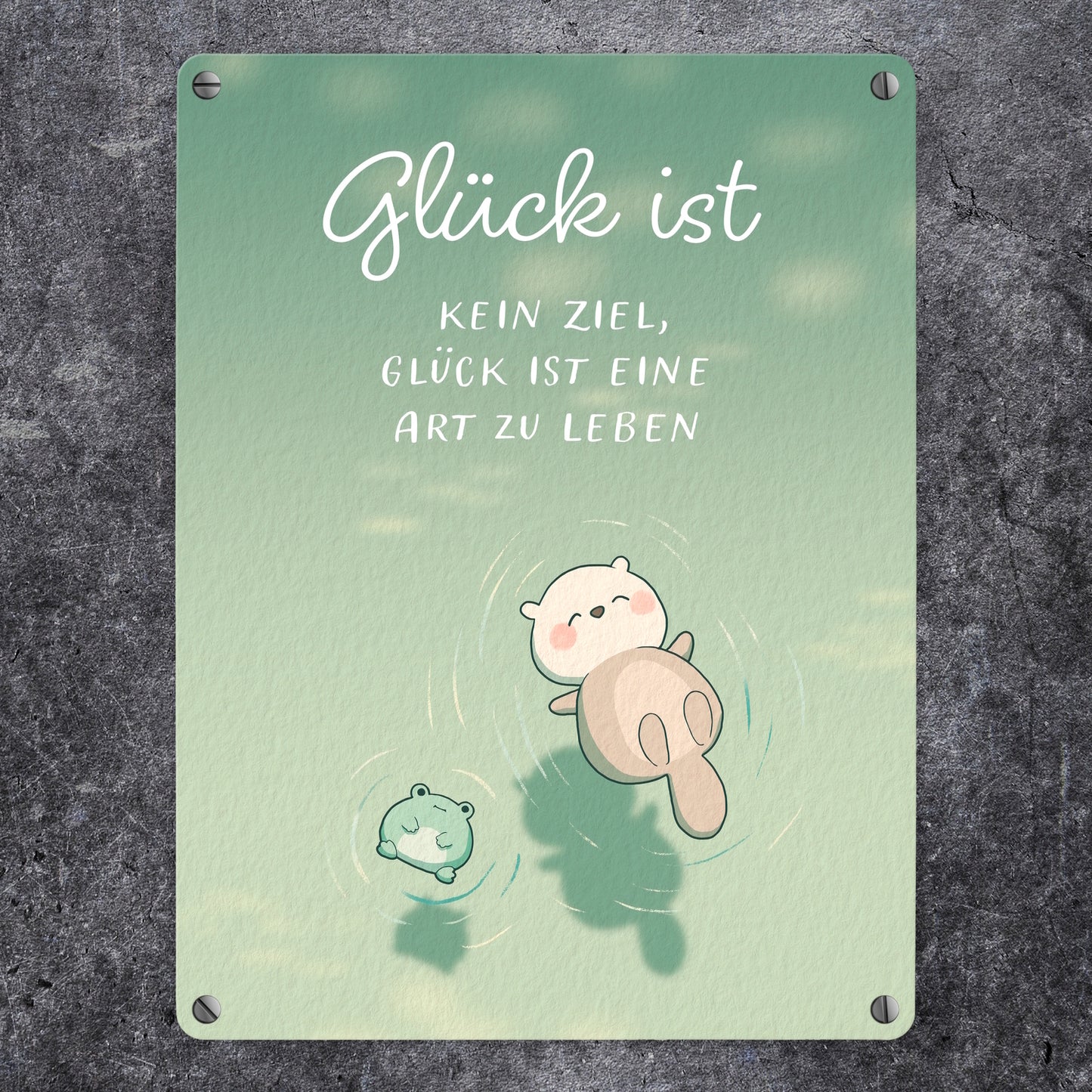 Otter und Frosch Metallschild in 15x20 cm mit Spruch Glück ist eine Lebensart