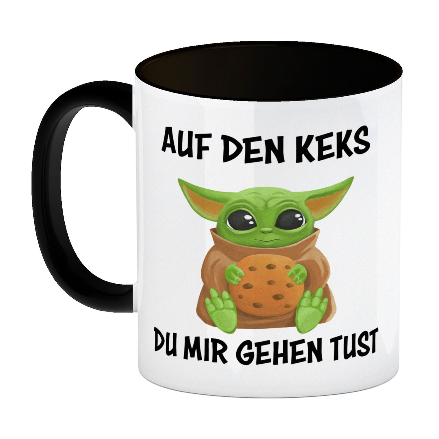 Baby-Alien Kaffeebecher in schwarz mit Spruch Auf den Keks du mir gehen tust