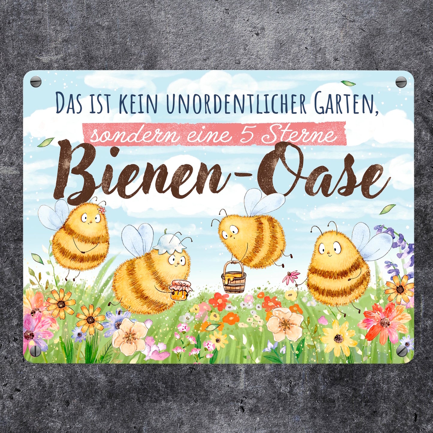 Pummel Biene Metallschild in 15x20 cm mit Spruch Bienen-Oase statt unordentlicher Garten