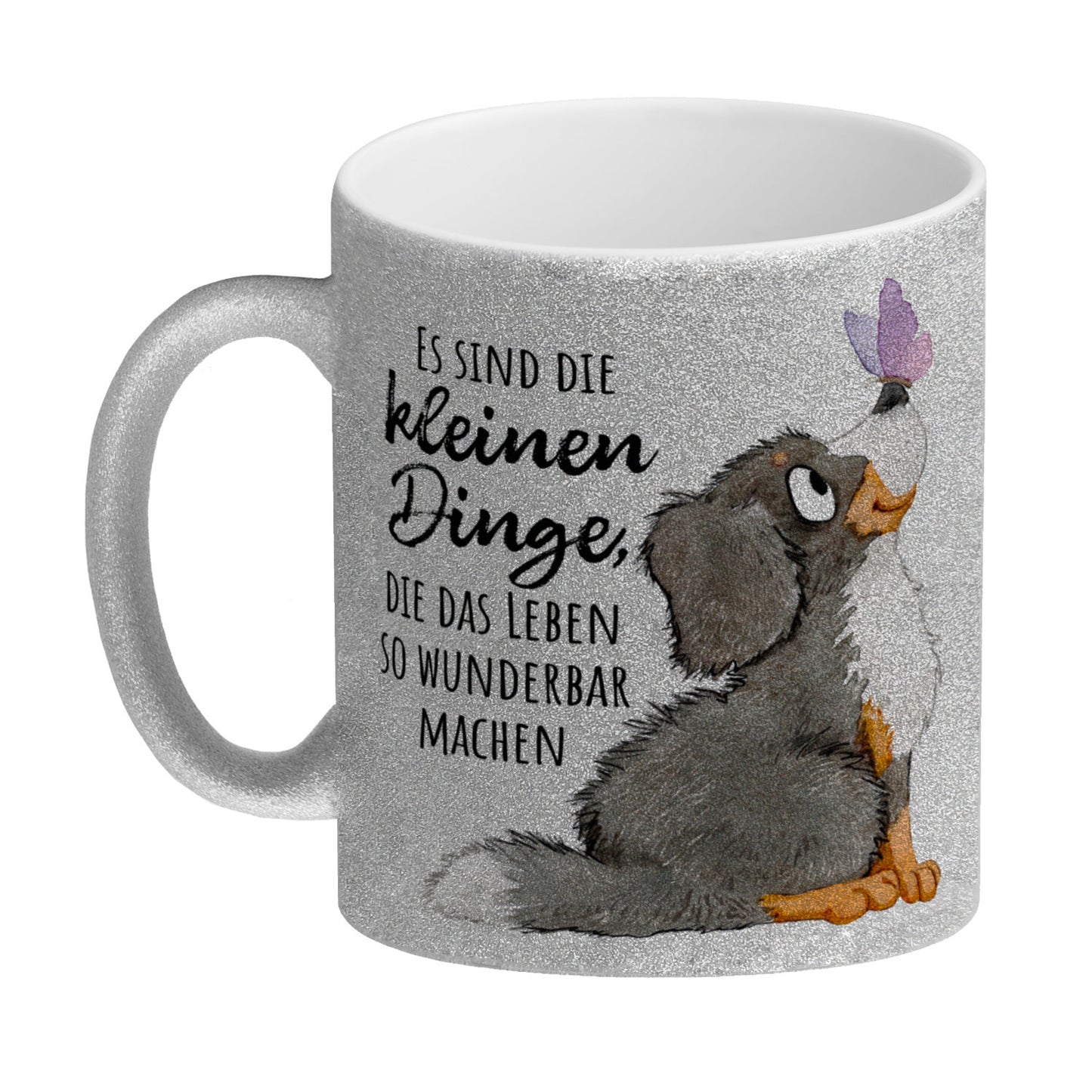 Hund Glitzer-Kaffeebecher mit Spruch Die kleinen Dinge machen das Leben so wunderbar