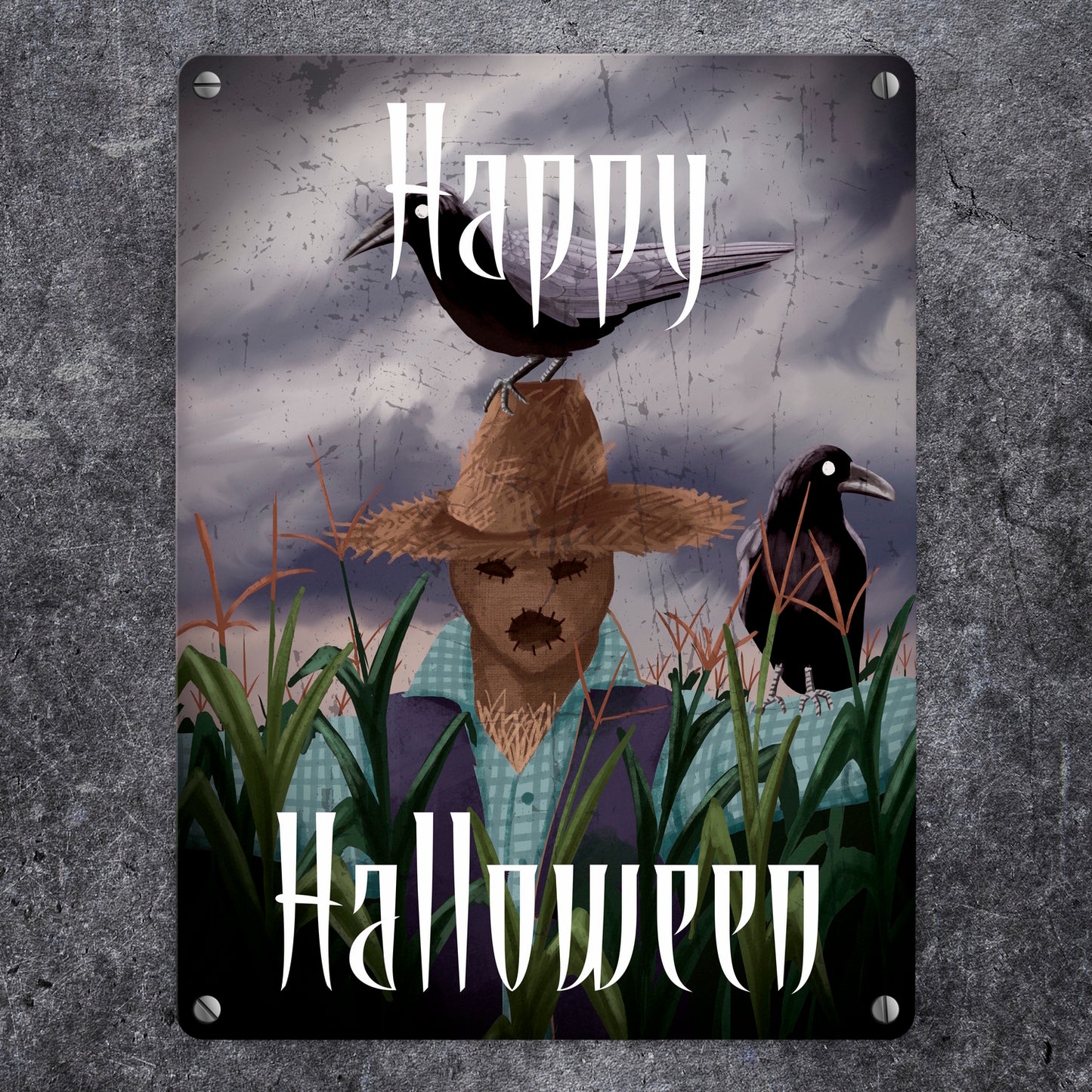 Metallschild in 15x20 cm mit gruseliger Vogelscheuche und Schriftzug - Happy Halloween