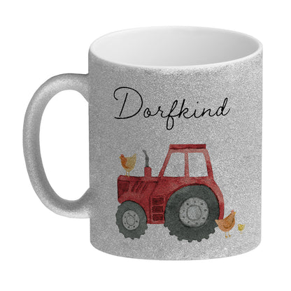 Dorfkind roter Traktor Glitzer-Kaffeebecher