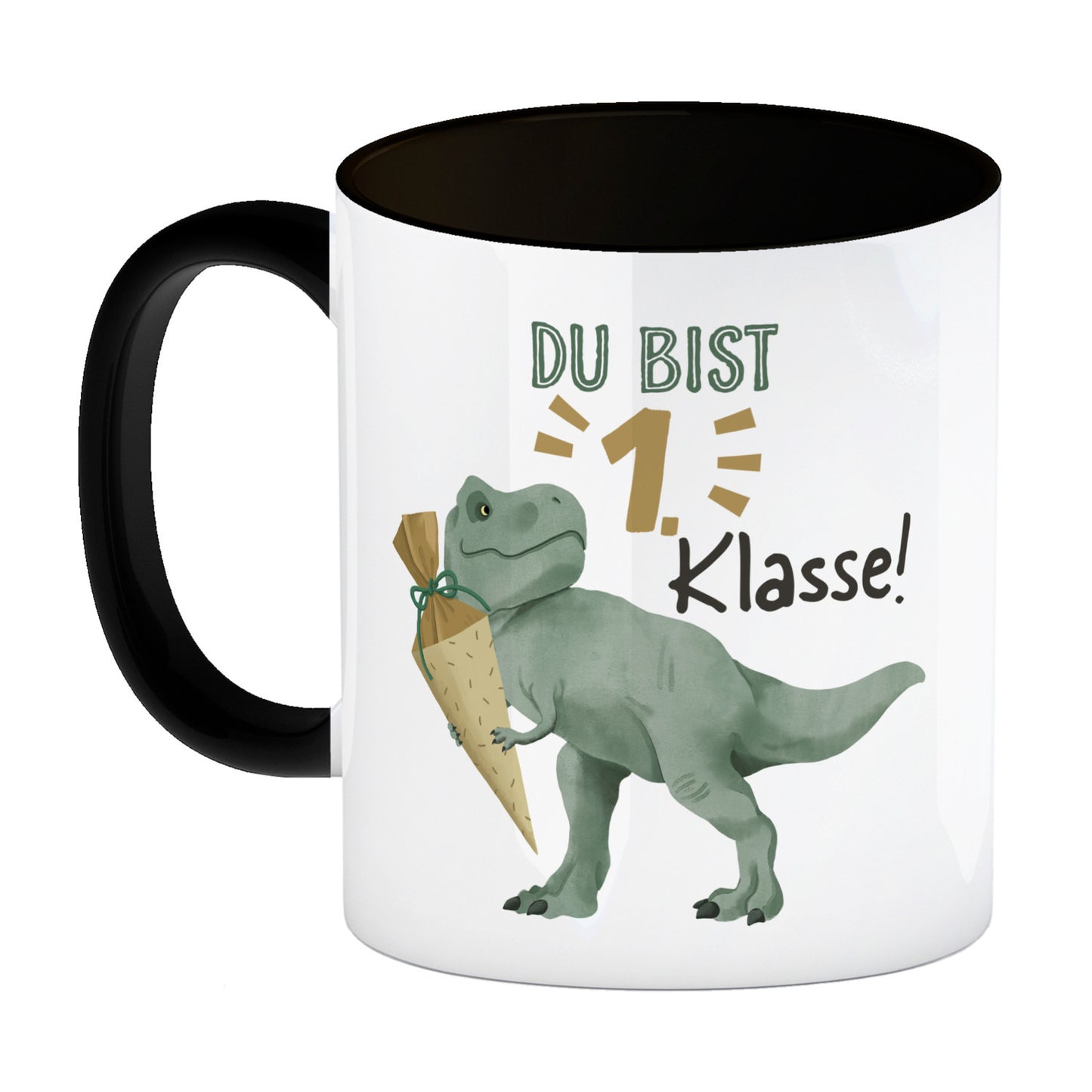 Dino mit Schultüte Kaffeebecher in schwarz mit Spruch Du bist 1. Klasse!