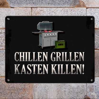 Metallschild XL mit Grill Motiv und Spruch: Chillen, grillen, Kasten killen