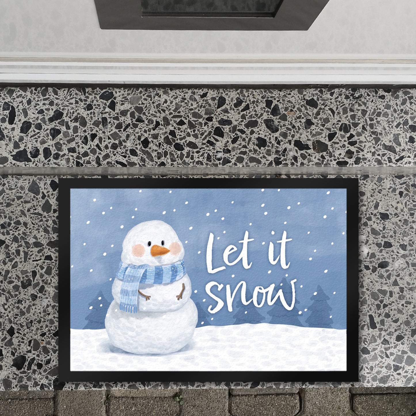 Schneemann im Wintersturm Fußmatte XL in 40x60 cm mit Spruch Let it snow