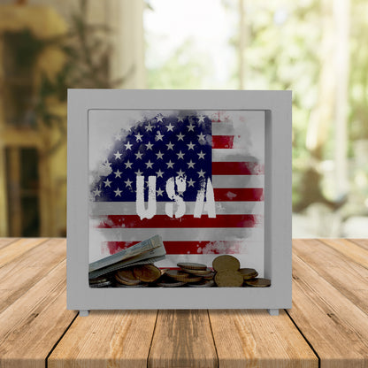 Rahmen Spardose aus Holz USA-Flagge im Used Look - Sparschwein für Urlauber