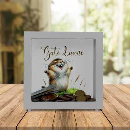 jubelnder Lemming Rahmen Spardose aus Holz mit Spruch Gute Laune