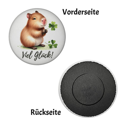 Capybara mit Kleeblatt Magnet rund mit Spruch Viel Glück