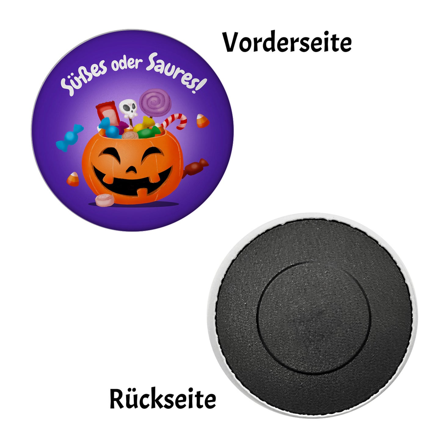 Süßes oder Saures Halloween Magnet rund mit Kürbis und Süßigkeiten