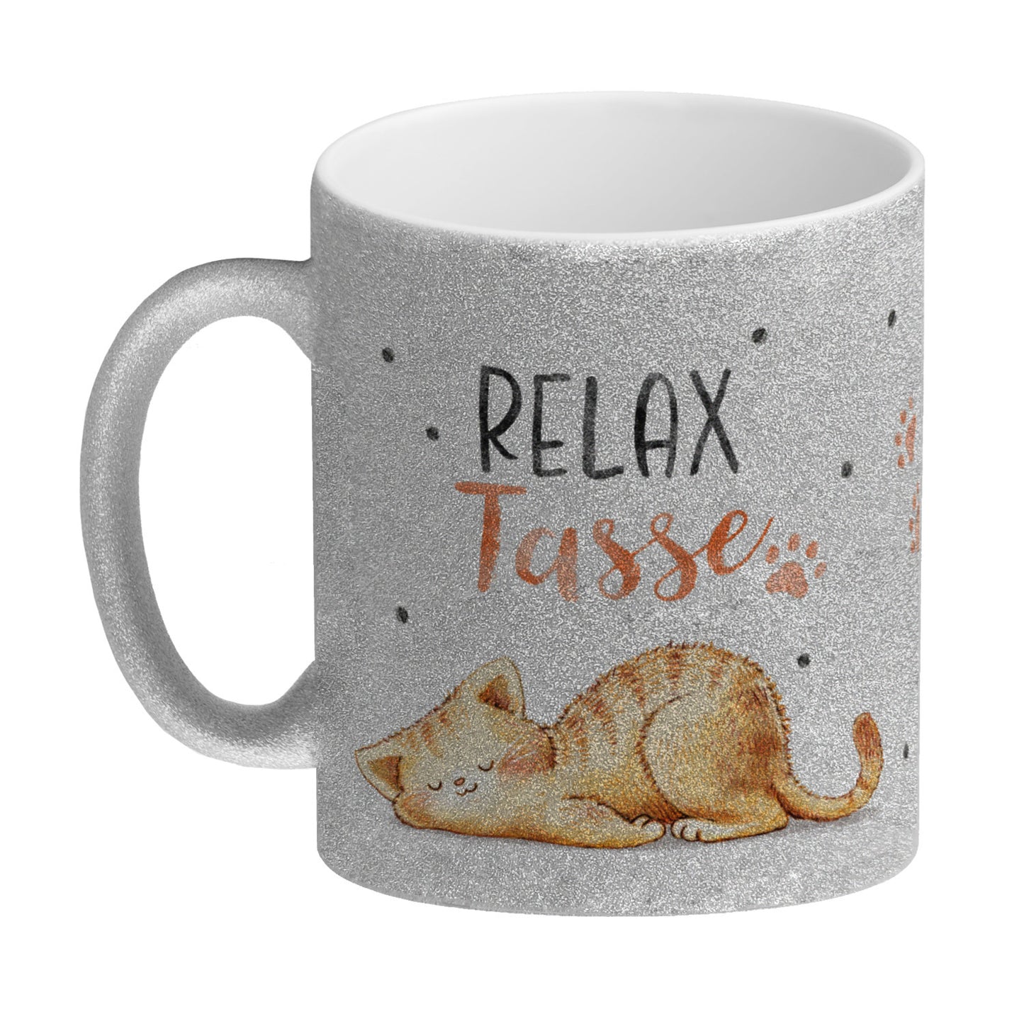 Relaxte Katze Glitzer-Kaffeebecher mit Spruch Relax Tasse