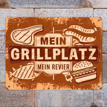 Grillplatz Vintage Metallschild XL in 21x28 cm - Mein Revier