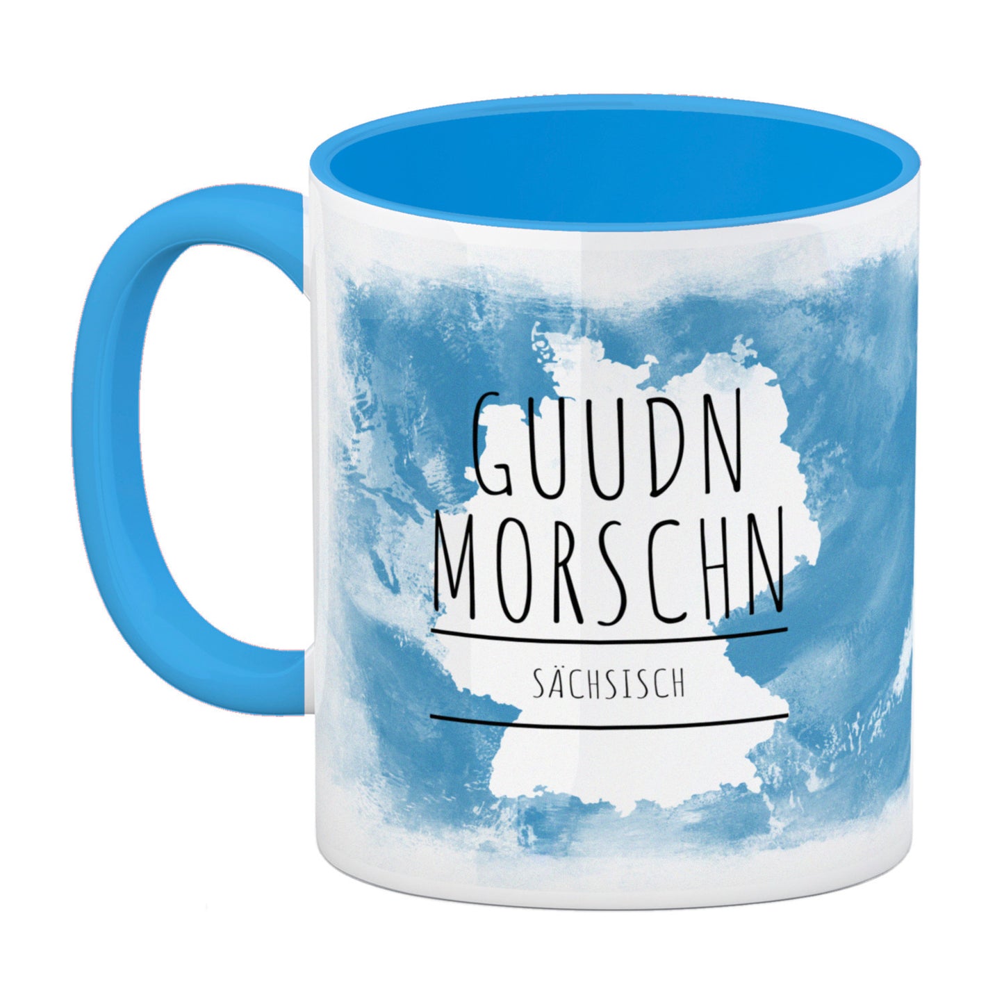 Hallo auf Sächsisch Guudn Morschen lustiger Kaffeebecher Hellblau mit blauem Hintergrund