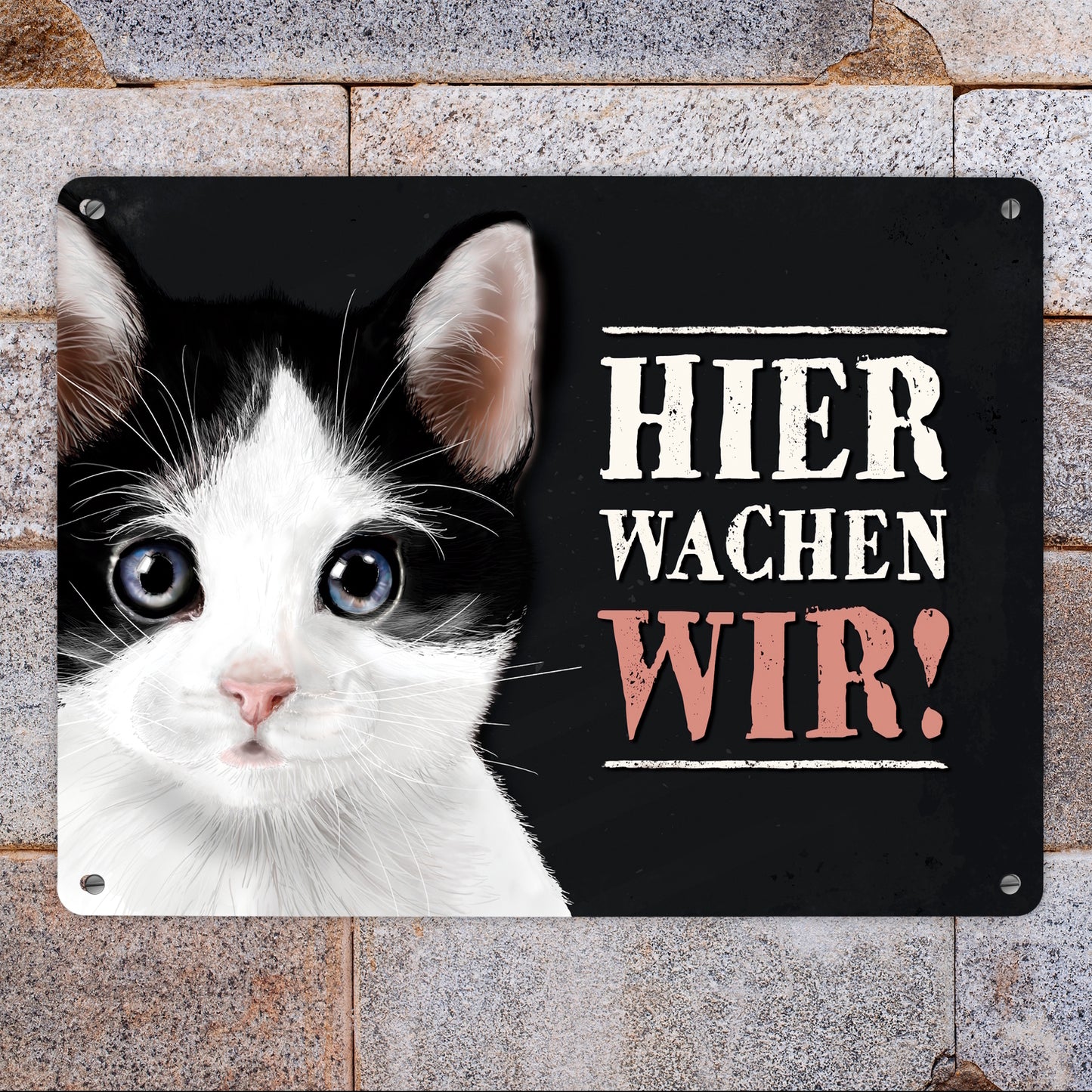 Hier wachen wir! Metallschild XL mit Katze Motiv