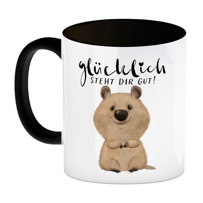 Quokka Kaffeebecher in schwarz mit Spruch Glücklich steht dir gut