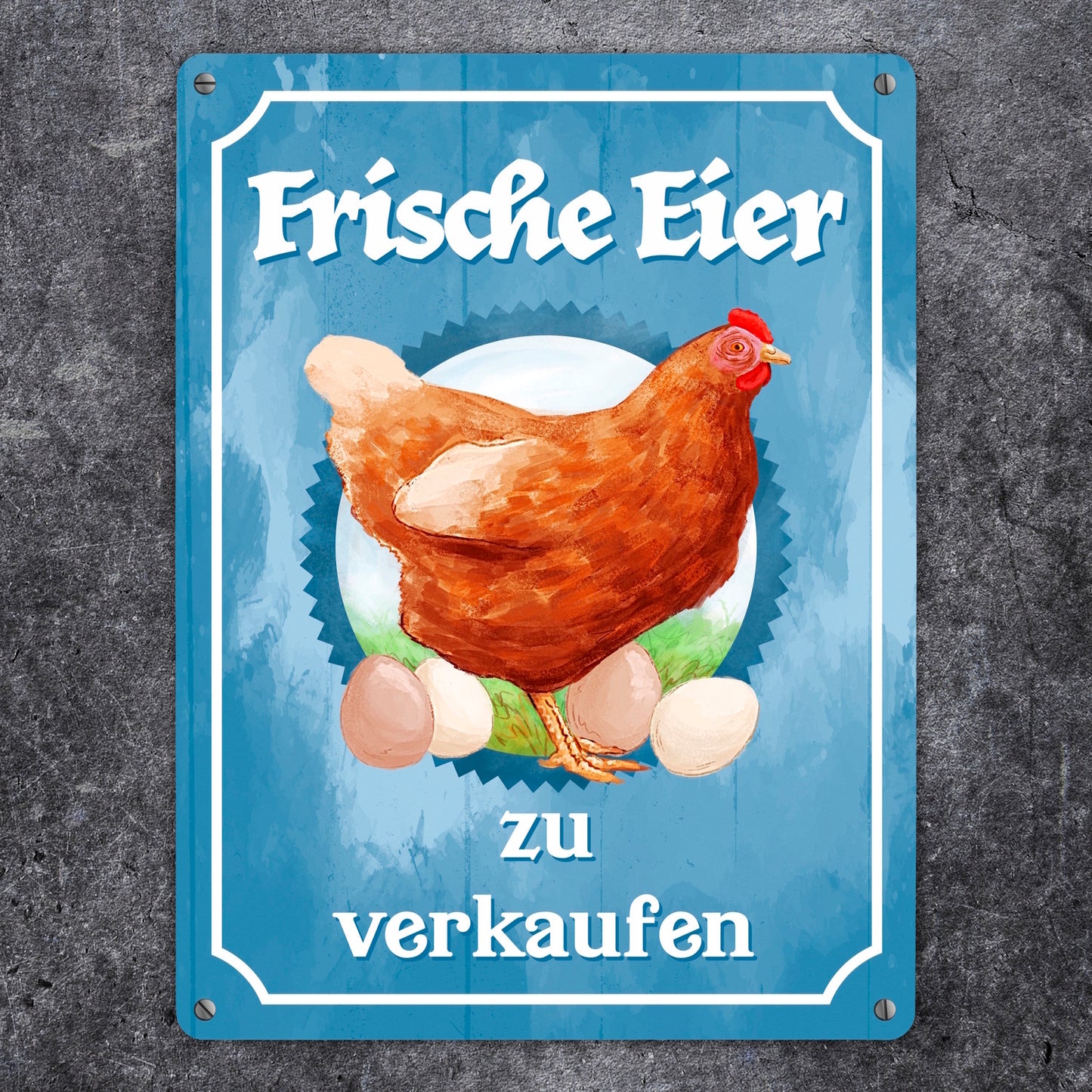 Frische Eier zu verkaufen Metallschild XL in 21x28 cm mit Huhn Motiv