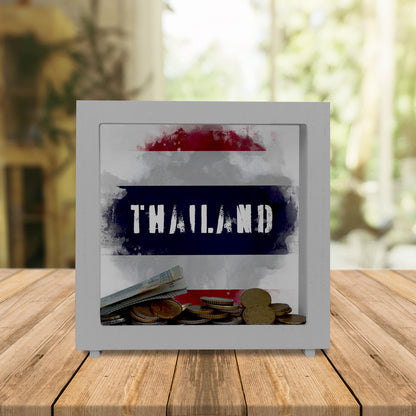 Rahmen Spardose aus Holz Thailand-Flagge im Used Look - Sparschwein für Urlauber