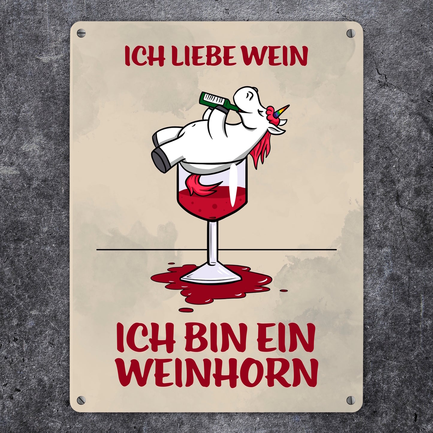 Metallschild XL in 21x28 cm mit Motiv und Spruch - Ich liebe Wein ich bin ein Weinhorn