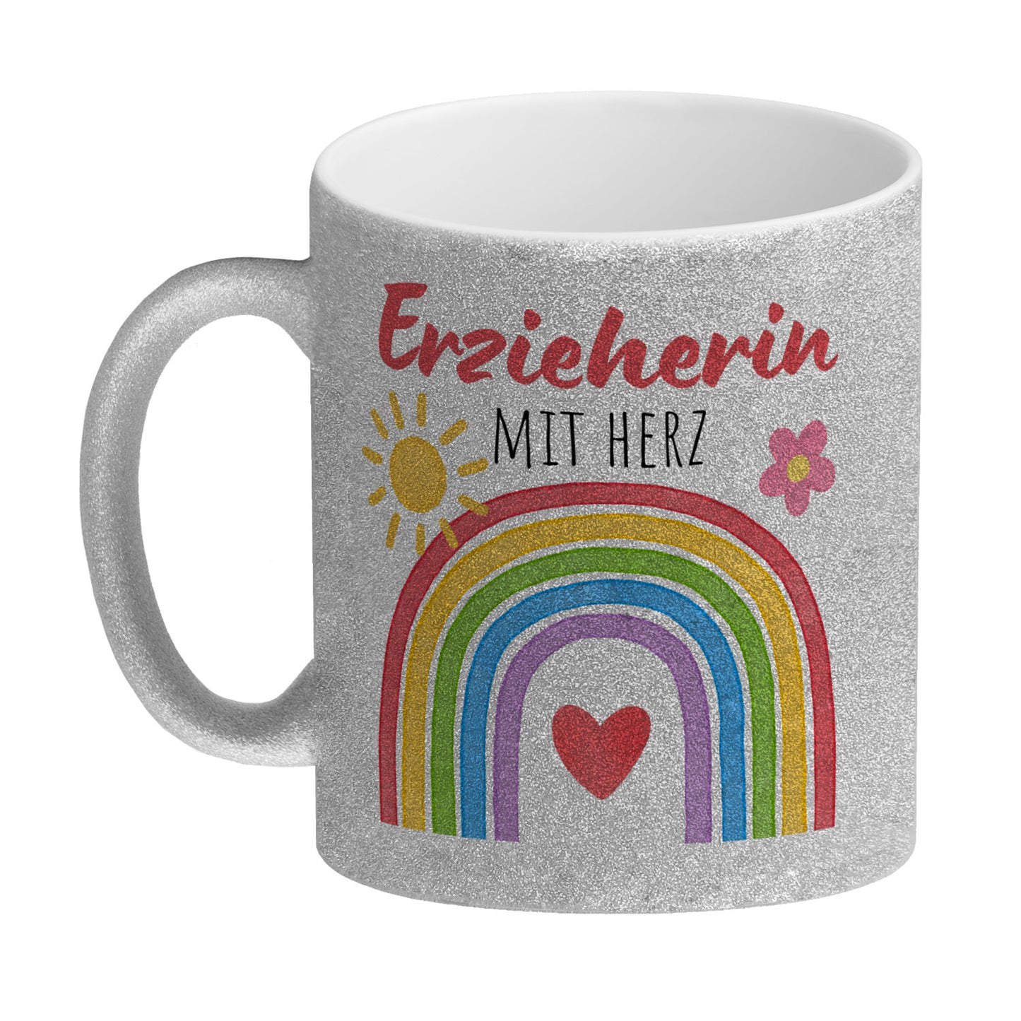 Regenbogen Glitzer-Kaffeebecher mit Spruch Erzieherin mit Herz