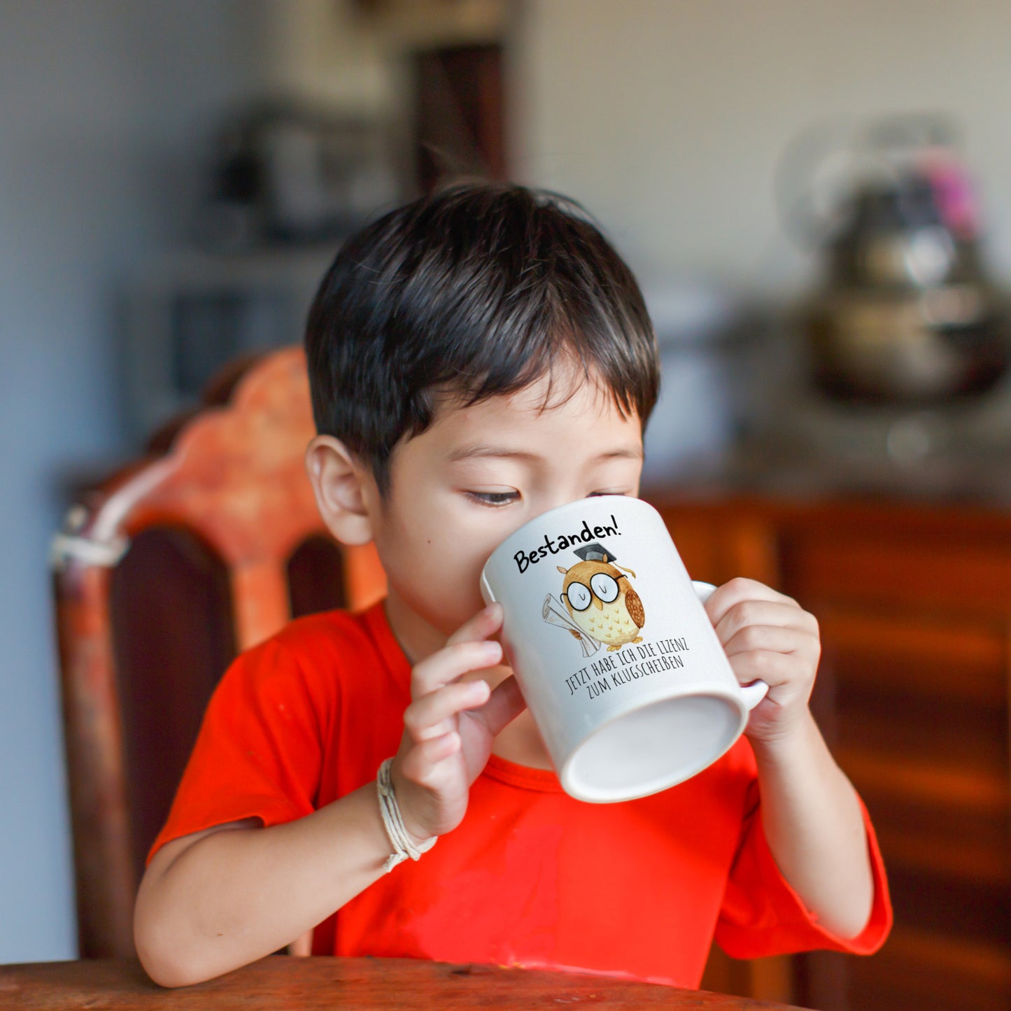 Bestandene Prüfung Eule Kaffeebecher mit Spruch Lizenz zum Klugscheißen