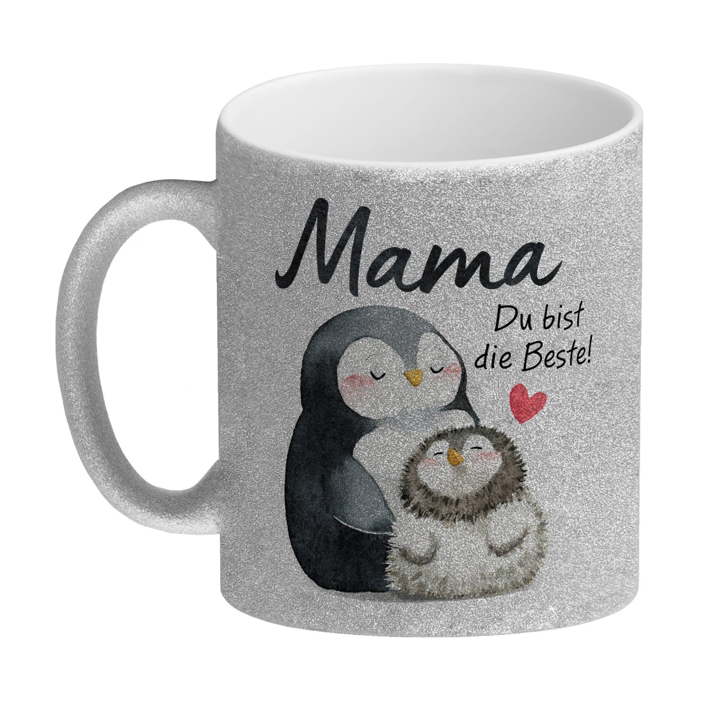 Pinguin Mutter und Kind Glitzer-Kaffeebecher mit Spruch Mama du bist die Beste