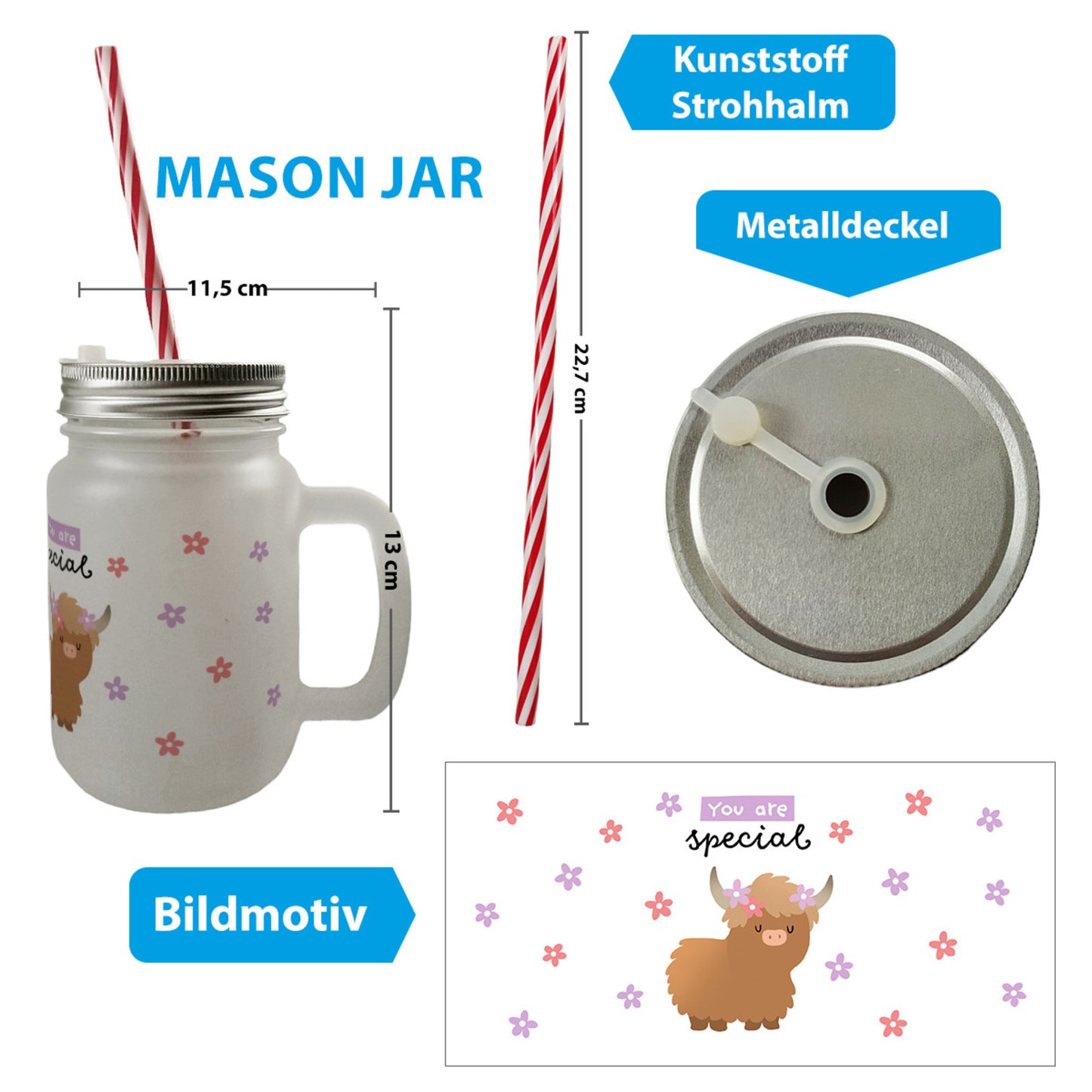 Schottisches Hochlandrind Mason Jar Henkel Trinkglas mit Deckel mit Spruch You are special