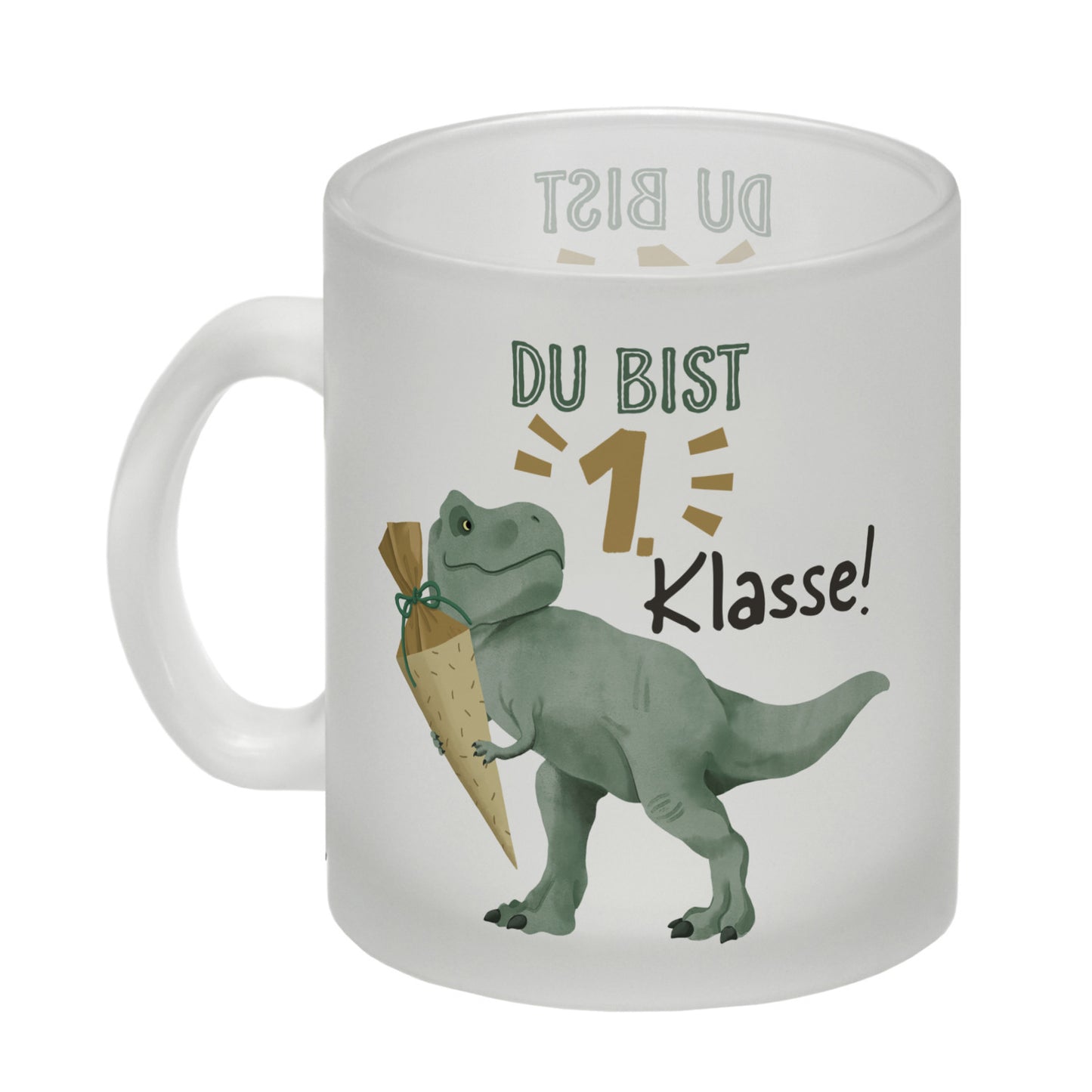 Dino mit Schultüte Glas Tasse mit Spruch Du bist 1. Klasse!