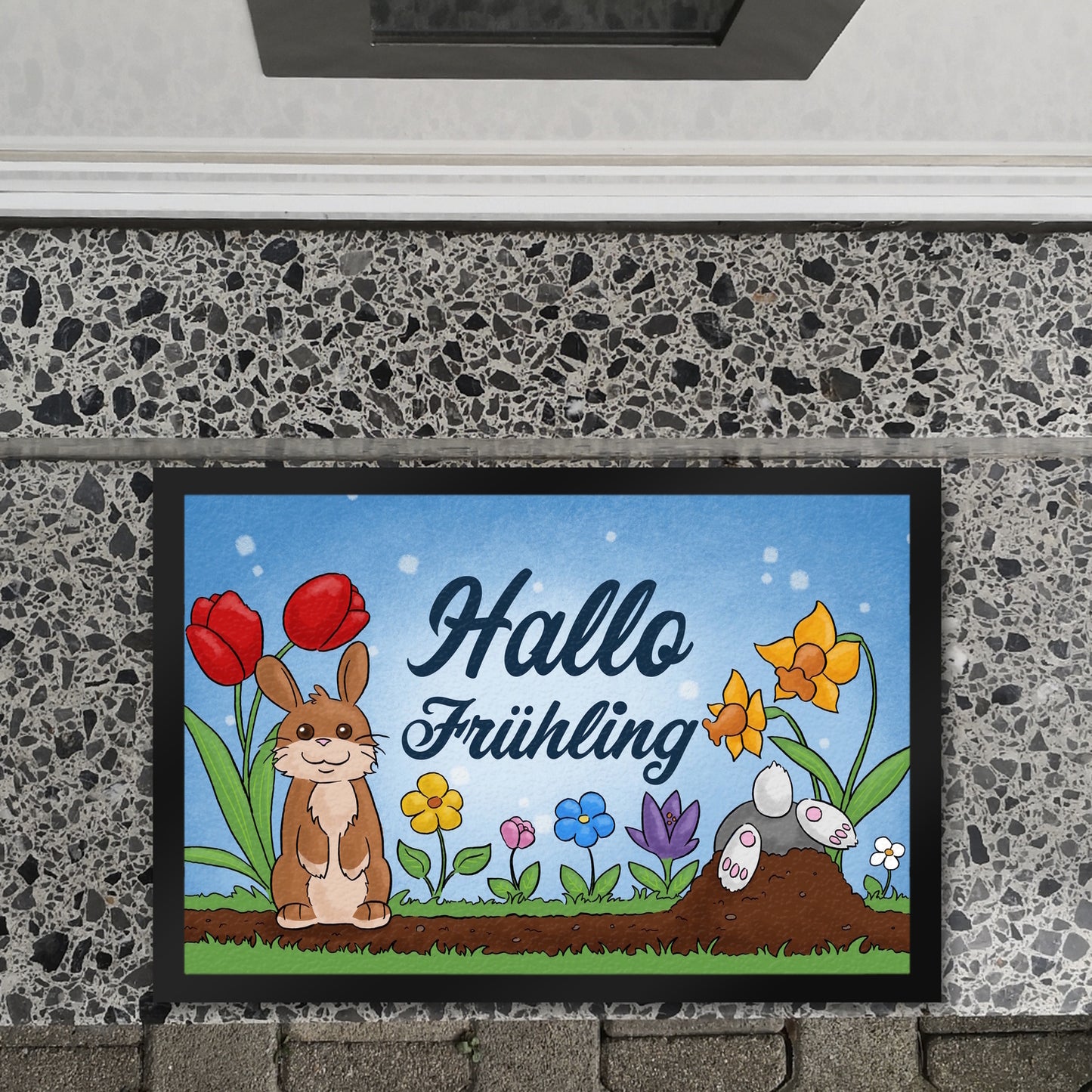 Hallo Frühling Fußmatte XL in 40x60 cm mit süßen Hasen für Ostern