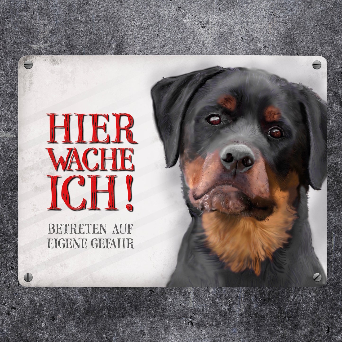 Metallschild mit Rottweiler Motiv und Spruch: Betreten auf eigene Gefahr ...