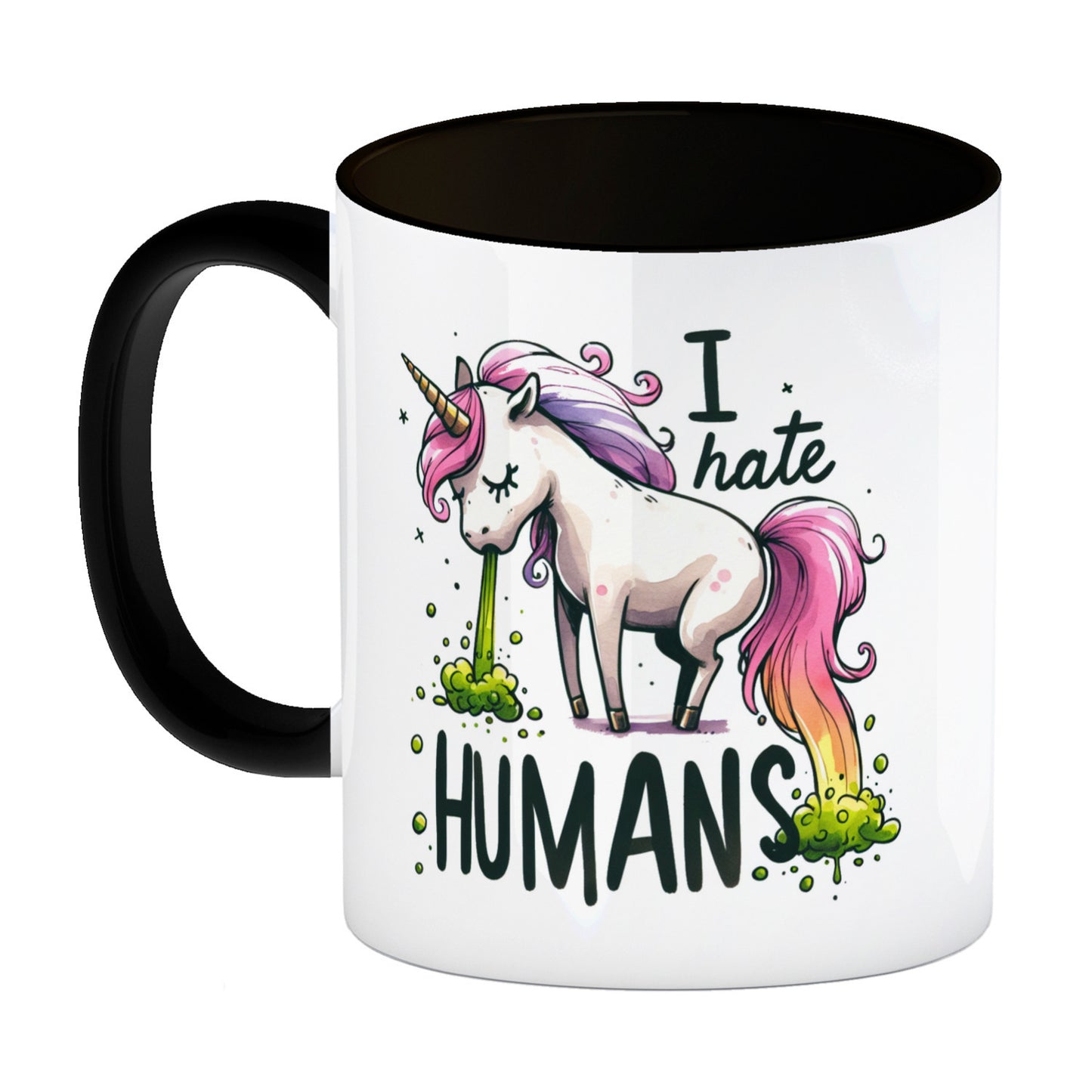 Kotzendes Einhorn Kaffeebecher in schwarz mit Spruch I hate Humans