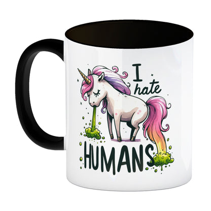 Kotzendes Einhorn Kaffeebecher in schwarz mit Spruch I hate Humans