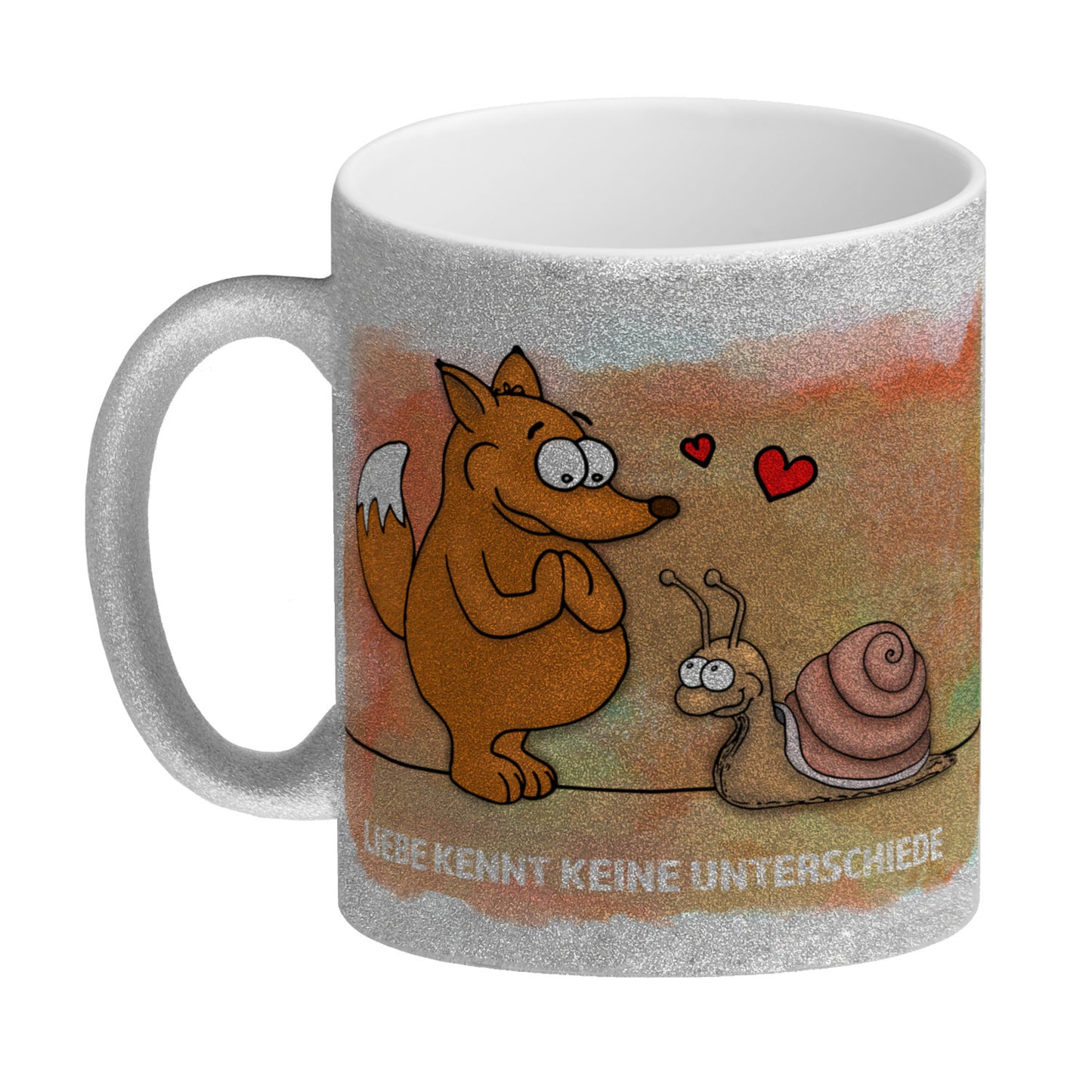 Liebe kennt keine Unterschiede Glitzer-Glitzer-Kaffeebecher mit Fuchs und Schnecke Motiv