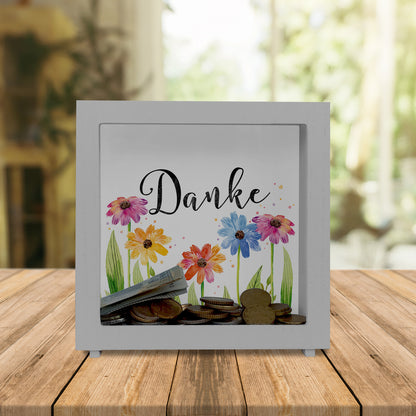 Blumen Rahmen Spardose aus Holz mit Spruch Danke