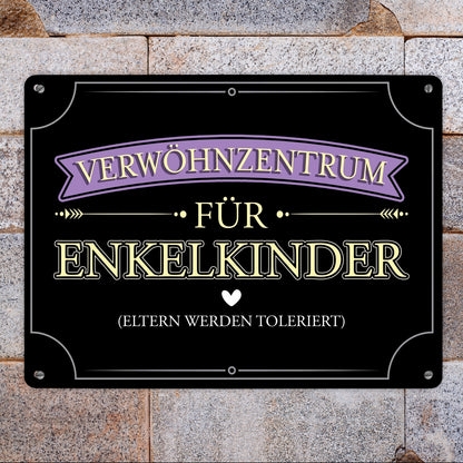 Verwöhnzentrum für Enkelkinder Metallschild XL in 21x28 cm mit lustigem Spruch für Großeltern