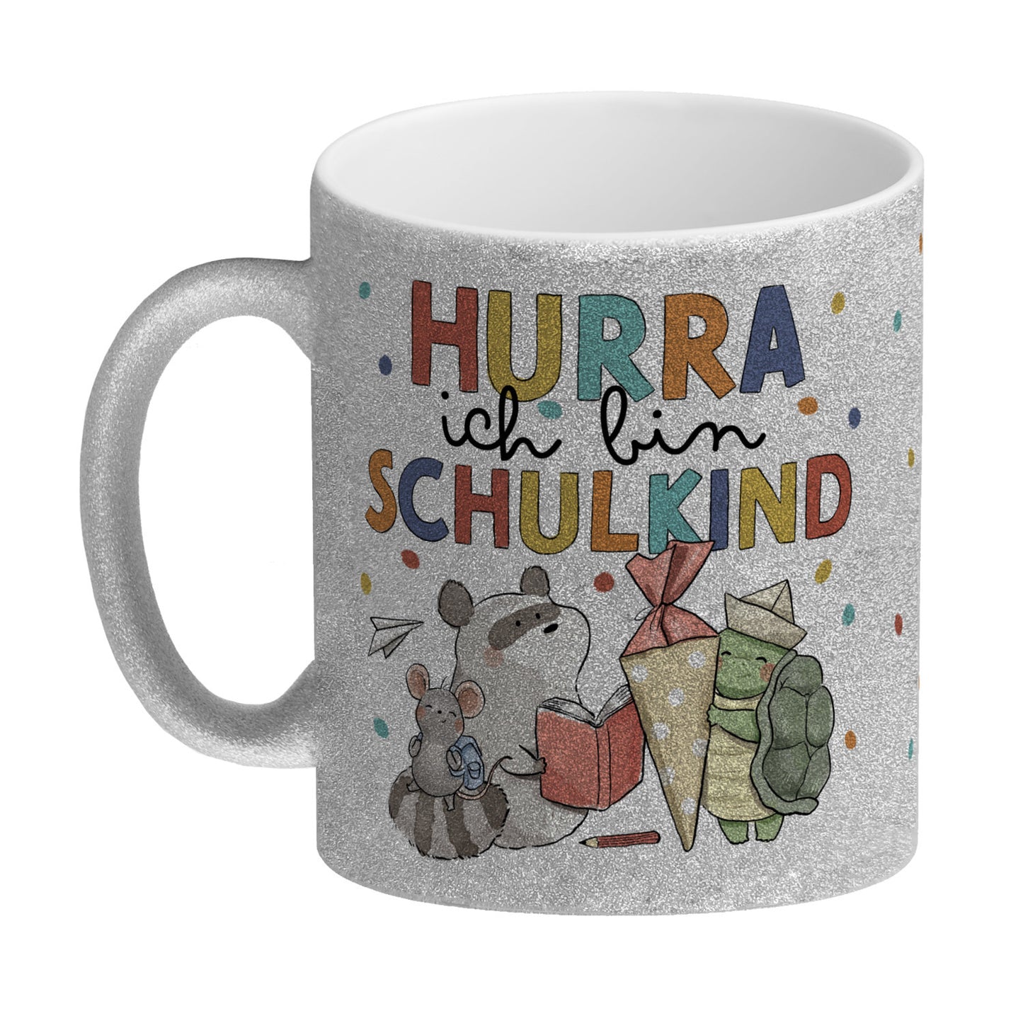 Tiere zur Einschulung Glitzer-Kaffeebecher mit Spruch Hurra ich bin Schulkind