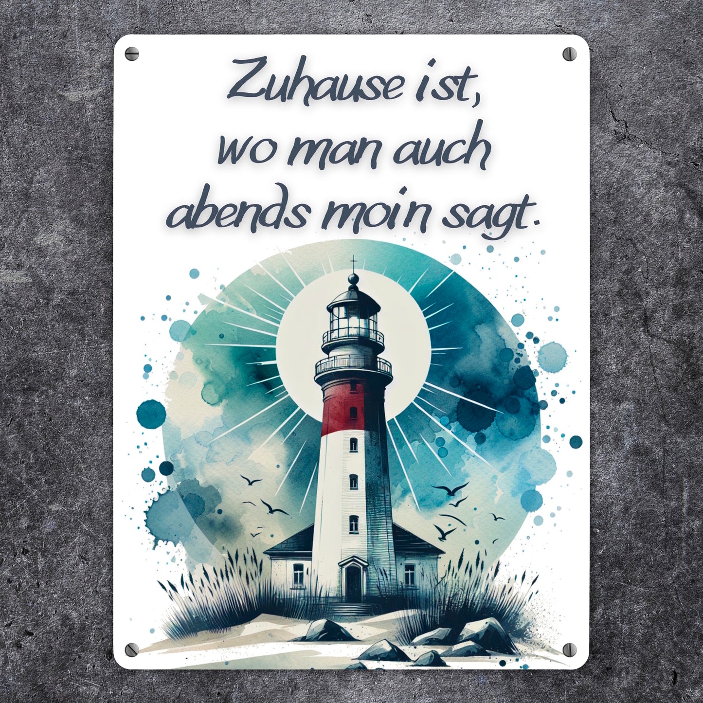 Leuchtturm Metallschild XL in 21x28 cm mit Spruch Zuhause ist, wo man auch abends moin sagt