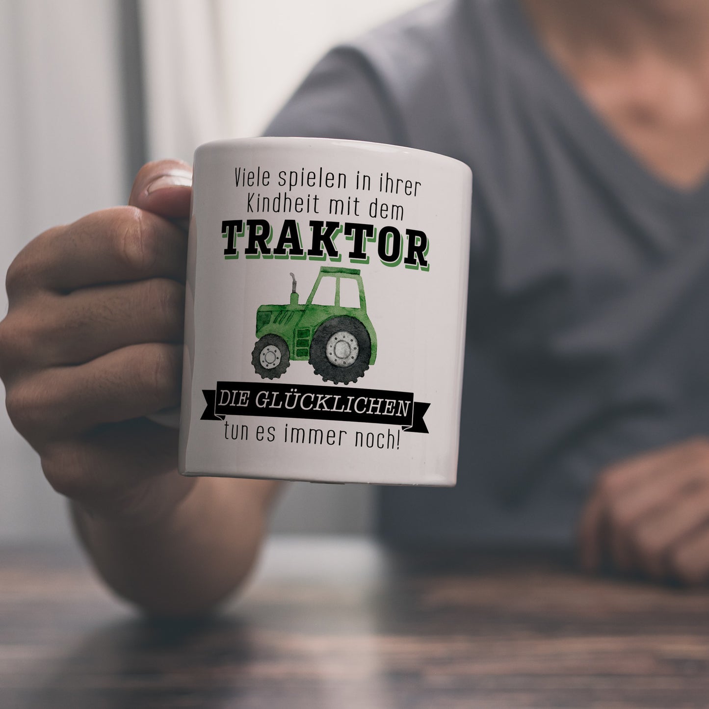 Traktor Kaffeebecher mit Spruch Kindheitsträume - Für immer Traktor fahren