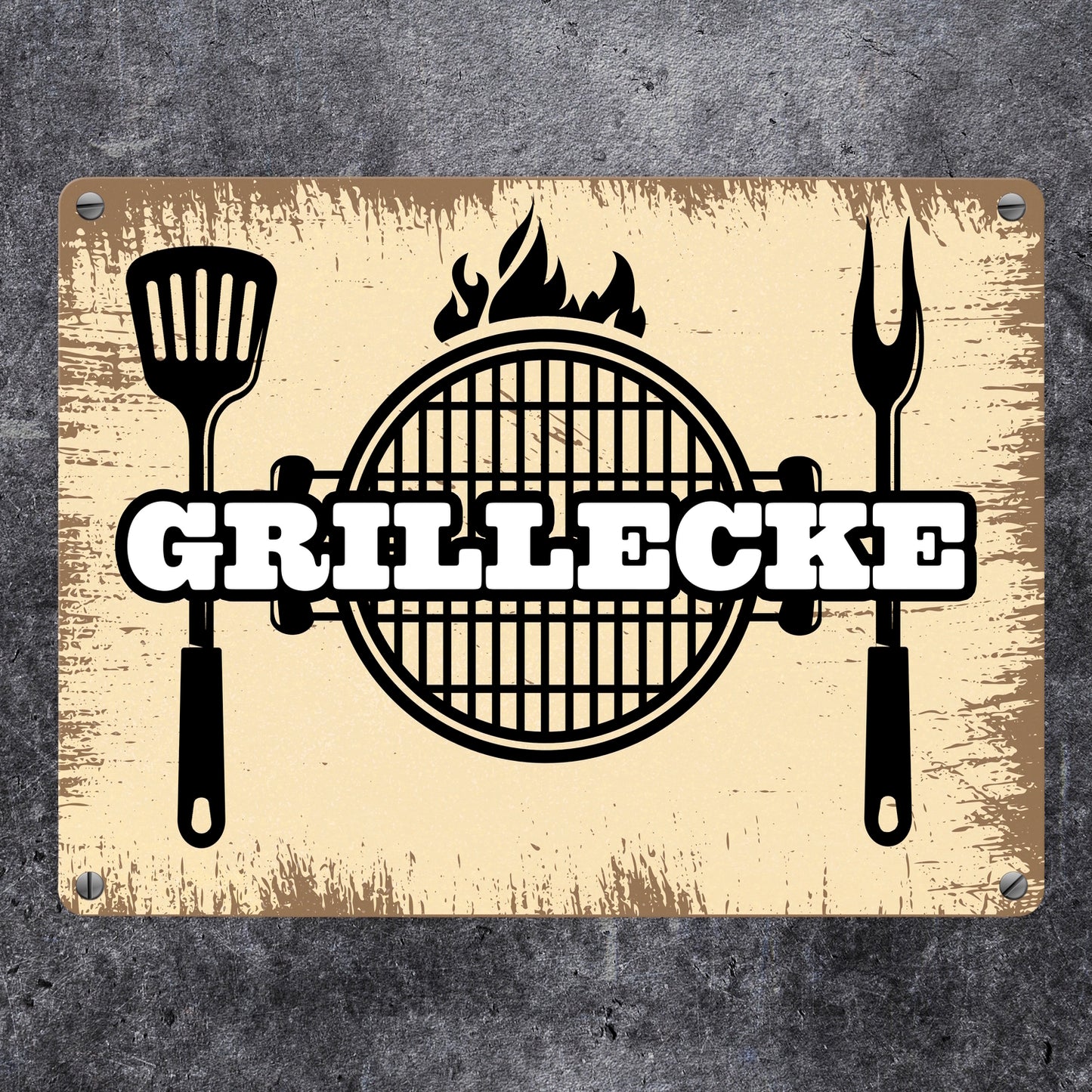 Grillecke Metallschild mit coolem Grillmotiv auf beigem Hintergrund